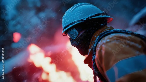 A firefighter in protective gear standing amid snow and flames, illuminated by red-orange light