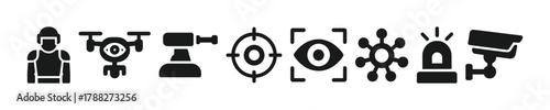 Surveillance technology icons: robot, drone, cctv, and targeting symbols