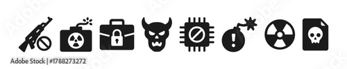 Set of black security and hazard icons including bomb, skull, and lock symbols