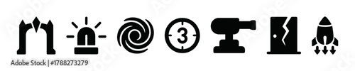 Minimalist icons: mountain, siren, spiral, clock, drill, door, rocket