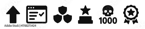 Achievement icons: arrow, checklist, shields, star, skull, badge