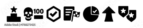 Collection of gaming icons: skull, star, pie chart, shield, arrow