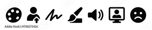 Artistic tools and digital media icons: brush, audio, video, user upload, and sad emoji