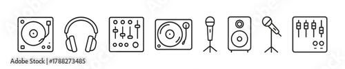 Minimalistic dj and audio equipment icons set with turntable and microphone