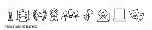 Award ceremony icons set: trophy, stars, laurel, medal, people, envelope, podium, theater masks