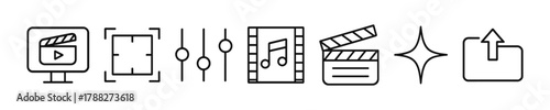 Video editing icons: clapperboard, filmstrip, music note, sparkle, upload