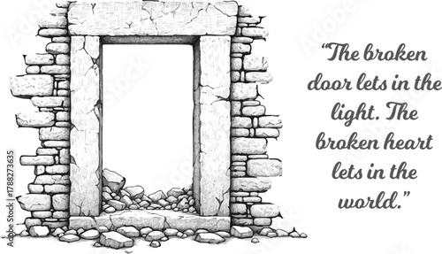 Ancient stone doorway stands weathered and broken against a dark background art