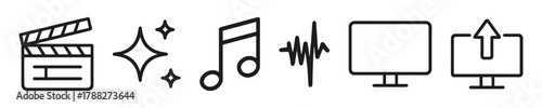 Media and technology icons: clapperboard, music note, sound wave, display, upload