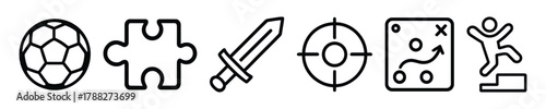 Black and white sports and strategy icons: soccer ball, puzzle, sword, target, tactics, jump