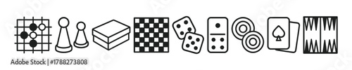 Collection of classic board and card game icons in black and white