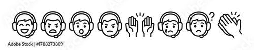 Various expressions of call center worker emojis with headsets and hand gestures