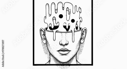 Surreal mindscape with melting thoughts and abstract expression of mental state