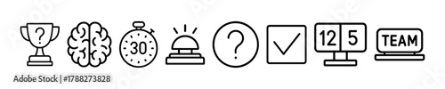 Quiz game icons: trophy, brain, timer, bell, question, checklist, scoreboard, team