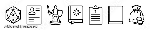 Icons of rpg items: dice, character sheet, miniature, spellbook, quest list, tokens