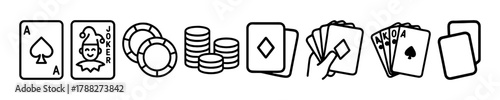 Playing cards and poker chips icons: casino and gambling symbols