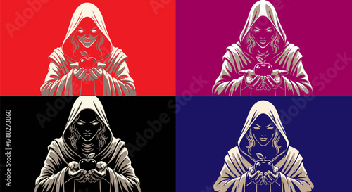 Mysterious hooded figure holding a glowing orb in a stylized digital illustration