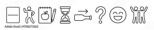 Icon set: fridge, person, notepad, apple, pencil, sand timer, bottle, arrow, question mark, smiley, group