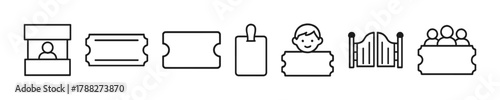 Line art of ticket booths, tickets, clipboard, person, gates, and group icons