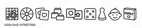 Black and white game and toy icons featuring dice, cards, and puzzle pieces