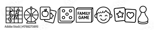 Black and white family board game icons: dice, spinner, cards, pawn, smiling face