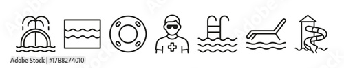 Pool icons set: swimming, lifeguard, diving board, ladder, lounge chair, slide