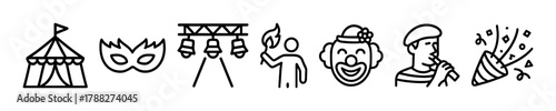 Circus and celebration icons: tent, mask, lights, torch, clown, party horn