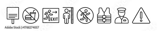 Safety sign icons: prohibition, exit, caution, safety gear, warning symbols