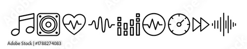 Music icons set featuring notes, speakers, and soundwaves