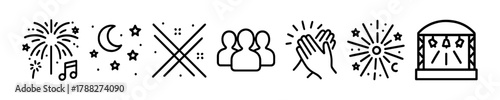 Festive icons: fireworks, music, applause, and celebration elements