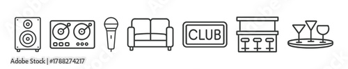 Line art icons of speaker, turntables, microphone, couch, club sign, bar counter, and cocktail glasses