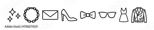 Fashion accessories outline icons: heels, necklace, dress, jacket, bow tie, sunglasses