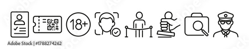 Identification and access icons: id, qr code, age restriction, face recognition, security, privacy
