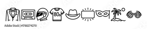 Collection of retro icons: cassette, suit, helmet, 80s shirt, hat, tv, mask, palm tree, glasses