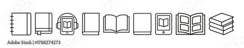 Digital and traditional reading: books, e-readers, and audiobooks line icons set