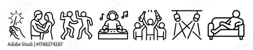 Minimalist icons: celebration, dancing, dj, music, relaxation