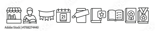 Line art of bookstore, male reader, calendar, books, and medal icons
