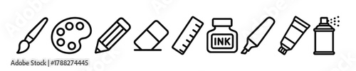 Art tools line icons: brush, palette, pencil, eraser, ruler, ink, marker, paint tube, spray can
