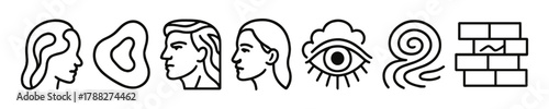 Minimalistic line art icons representing elements and human profiles