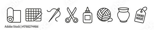 Collection of crafting tools and materials icons in black and white