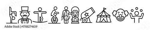 Circus icons: ringmaster, clown, tent, cannon, lion, unicycle, human pyramid