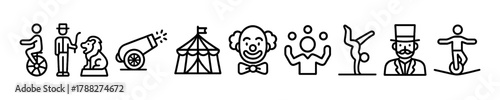 Circus icons: performer, animals, cannon, tent, clown, acrobats, ringmaster, juggler, unicycle