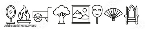 Collection of minimalist symbols: mirror, fire, wheelchair, tree, scenery, mask, fan, throne