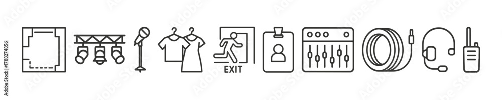 Fototapeta premium Event planning icons: floor plan, lighting, wardrobe, exit, id, sound, cables, communication