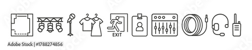 Event planning icons: floor plan, lighting, wardrobe, exit, id, sound, cables, communication