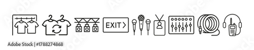 Icon set featuring clothing, lighting, signage, microphone, audio mixer, cable, and headphones