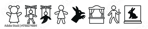 Puppet show icons: theater, marionette, hand puppet, rabbit, stage, performer