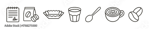 Coffee preparation icons: beans, filter, cup, spoon, latte art