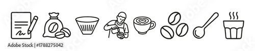 Coffee brewing icons: barista tools, coffee beans, cup, filter, scoop, recipe