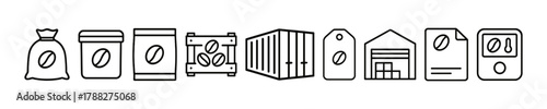 Coffee packaging icons: bag, can, box, container, label, warehouse, document, machine
