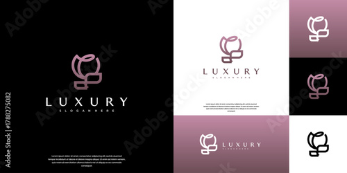Fashion logo with a rose line art concept, symbolizing beauty and luxury, elegant, graphic design template.